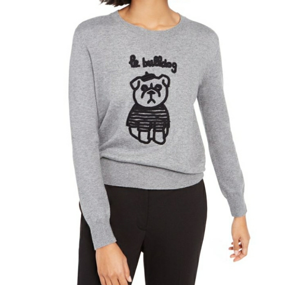 French Connection Fleece Sweatshirt Bulldog Embroidered Crewneck Sweater - Picture 14 of 15